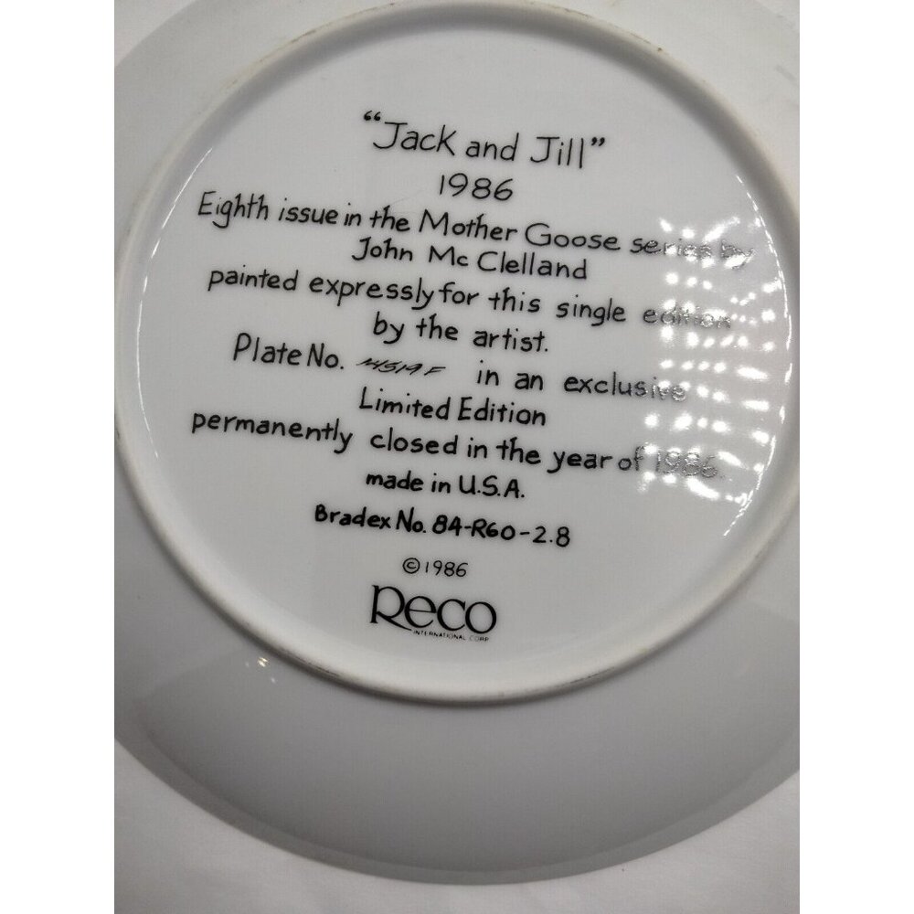 Jack and Jill Plate Mother Goose John McClelland Limited Ed 8 Reco 1986 - Picture 3 of 5